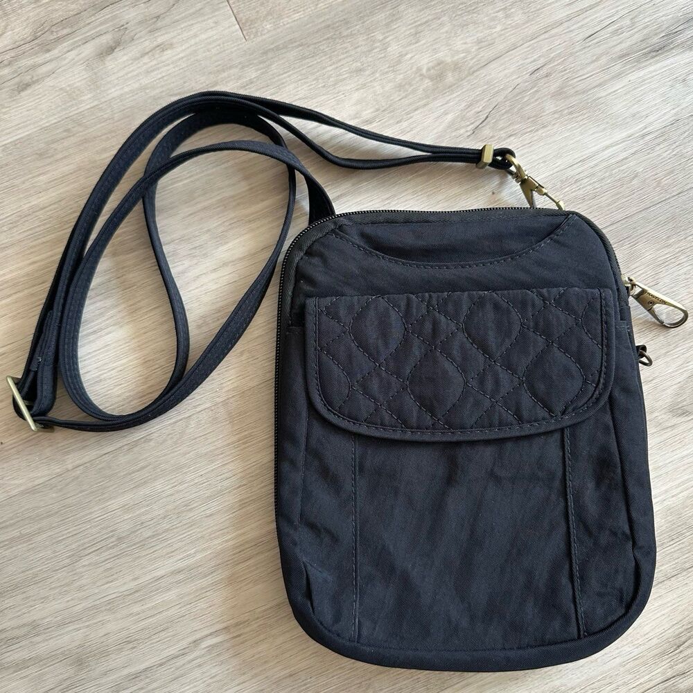 Travelon RFID Safe Small Black Quilted Crossbody Bag Teal Inside Brass Hardware